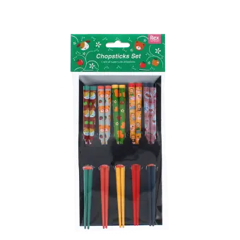 Set of five pairs of colorful chopsticks with cute animal and fruit designs in a packaging