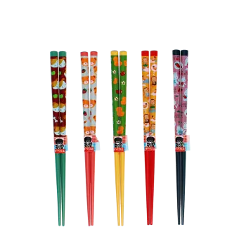 Set of five pairs of colorful chopsticks with cute animal and fruit designs