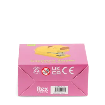 Base of capybara stapler packaging box showing safety warnings sign and CE mark