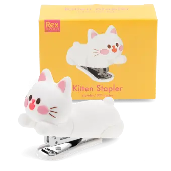 Kitten-shaped stapler with its box in the background