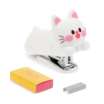 Kitten-shaped stapler with a small box of staples beside it