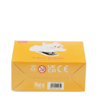 Base of kitten stapler packaging box showing safety warnings sign and CE mark