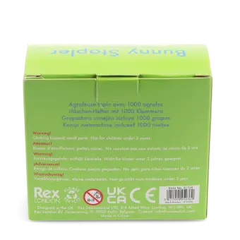 Back of bunny stapler packaging box showing safety warnings descriptions and CE mark.