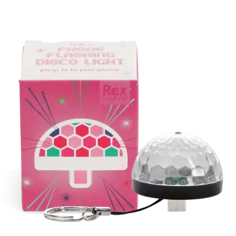 USB‑C plug‑in disco light with a faceted dome and keychain and a packaging box beside it.