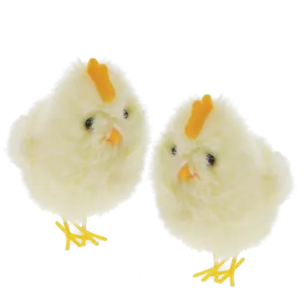 Two fluffy yellow chick decorations sitting side by side