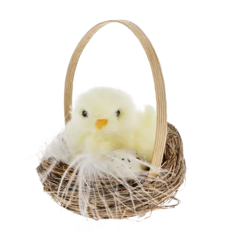 A fluffy yellow chick decoration sitting in a small wicker basket with an egg.