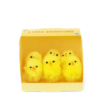 Six fluffy yellow chick decorations displayed inside a small yellow gift box.
