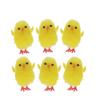 Six fluffy yellow chick decorations displayed side by side.