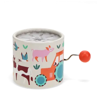 Farmyard‑themed winding music box with illustrated tractor and animals, featuring a red turning handle.