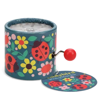 Winding music box with illustrated flowers and ladybird design, featuring a red turning handle with tag.