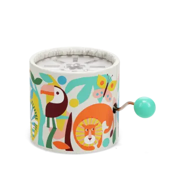 Wild wonders‑themed winding music box with illustrated lion, zebra animals design.