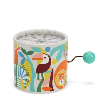 Wild wonders‑themed winding music box with illustrated lion, zebra animals design.