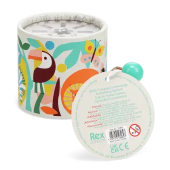 Wild wonders‑themed winding music box with illustrated lion, zebra animals design with tag.