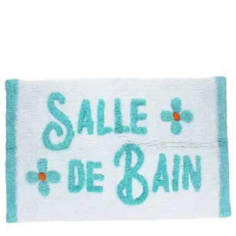 White bath mat with text reading ‘Salle de Bain'