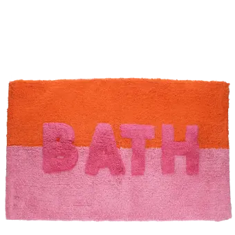 Orange and pink bath mat with the word ‘BATH’ in pink in the center