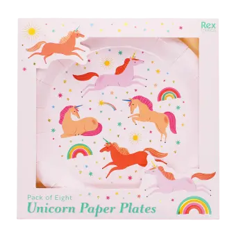 Pack of eight unicorn paper plates with colourful unicorn and rainbow design.