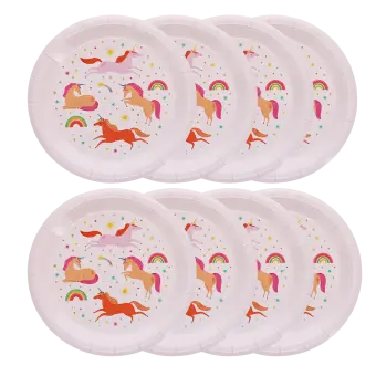 Eight unicorn paper plates with colourful unicorn and rainbow design.