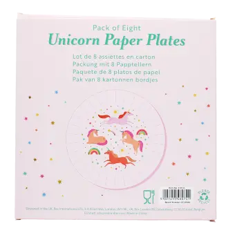 Back of unicorn paper plates packaging displayed colourful unicorn and rainbow design with barcode.