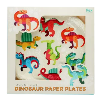 Pack of eight dinosaur paper plates with colourful dinosaur illustrations.