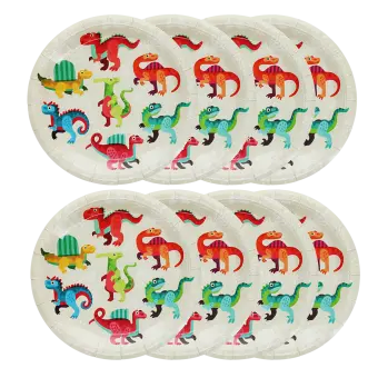 Eight dinosaur paper plates with colourful dinosaur illustrations.