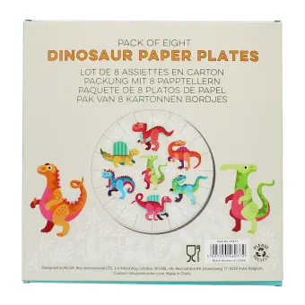 Back of dinosaur paper plates, showing product information and colourful dinosaur illustrations.
