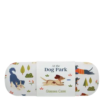 Glasses case with playful illustrated dogs and trees on a light background.
