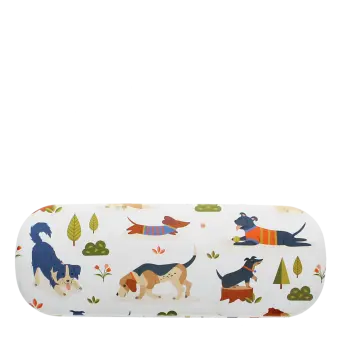 Glasses case with playful illustrated dogs and trees on a light background