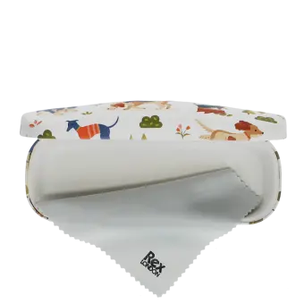 Glasses case with playful illustrated dogs and cleaning cloth