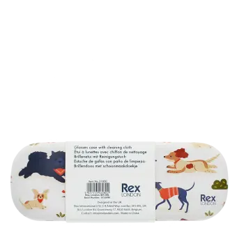 Glasses case with playful illustrated dogs and a barcode 