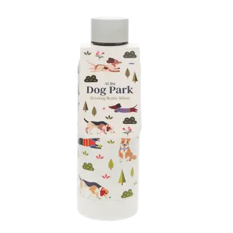stainless‑steel water bottle decorated with colourful illustrations of playful dogs,
