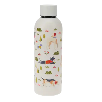 stainless‑steel water bottle decorated with colourful illustrations of playful dogs,