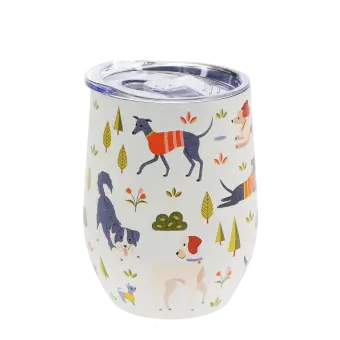 Travel cup decorated with colourful illustrations of playful dogs.
