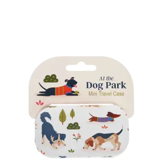 Mini travel case with playful illustrated dogs and trees on a light background