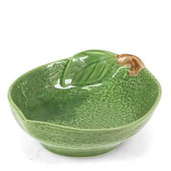 Green ceramic bowl with textured surface and a leaf design near the rim with brown stem accent