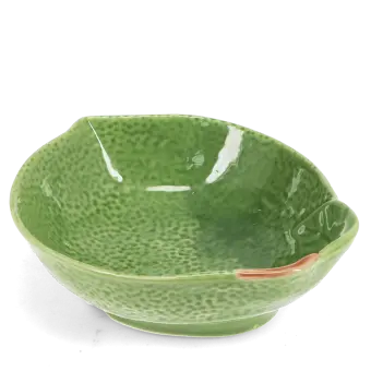 Green ceramic bowl with textured surface and a leaf design near the rim with brown stem accent