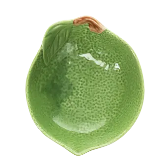 Green ceramic bowl with textured surface and a leaf design near the rim with brown stem accent