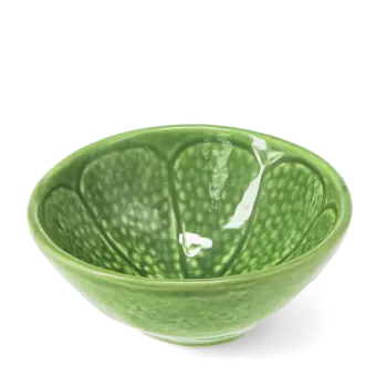 Green ceramic bowl with textured lime-like pattern and glossy finish.