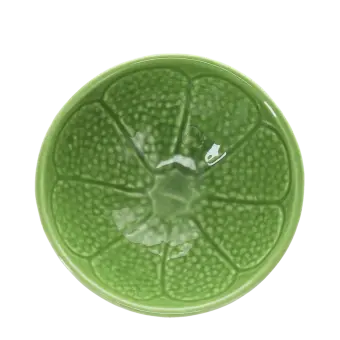 Green ceramic bowl with textured lime-like pattern and glossy finish.