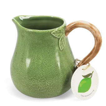 Green ceramic jug with textured surface and a curved brown handle with tag