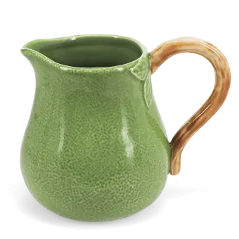 Green ceramic jug with textured surface and a curved brown handle