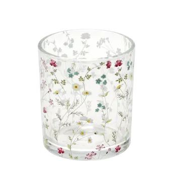 Clear glass candle holder with delicate floral design 
