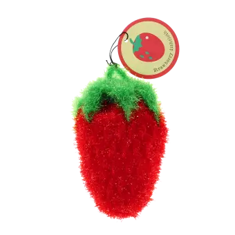 Strawberry-shaped dishcloth with hanging loop showing with tag.