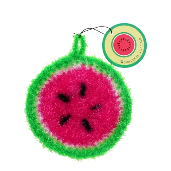 Watermelon–themed dishcloth in green and red with a hanging loop and tag.