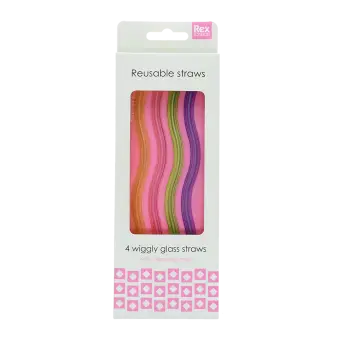Pack of colourful four wiggly glass straws.