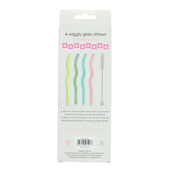 Back of colourful wiggly glass straws packaging with descriptions in multilingual.