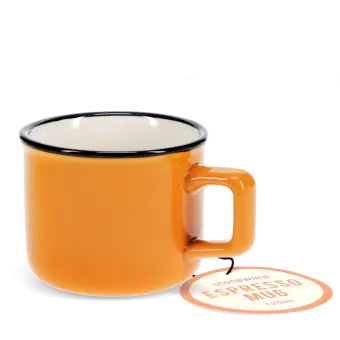 Espresso mug in orange with tag.