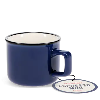 Stoneware espresso mug in dark blue with tag.