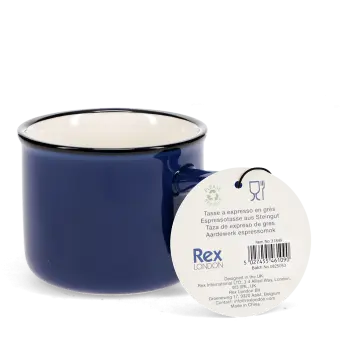 Stoneware espresso mug in dark blue with tag.