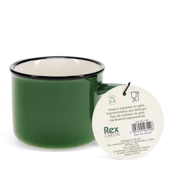 Stoneware espresso mug in green with tag.
