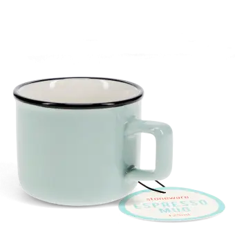 Stoneware espresso mug in light blue with tag.